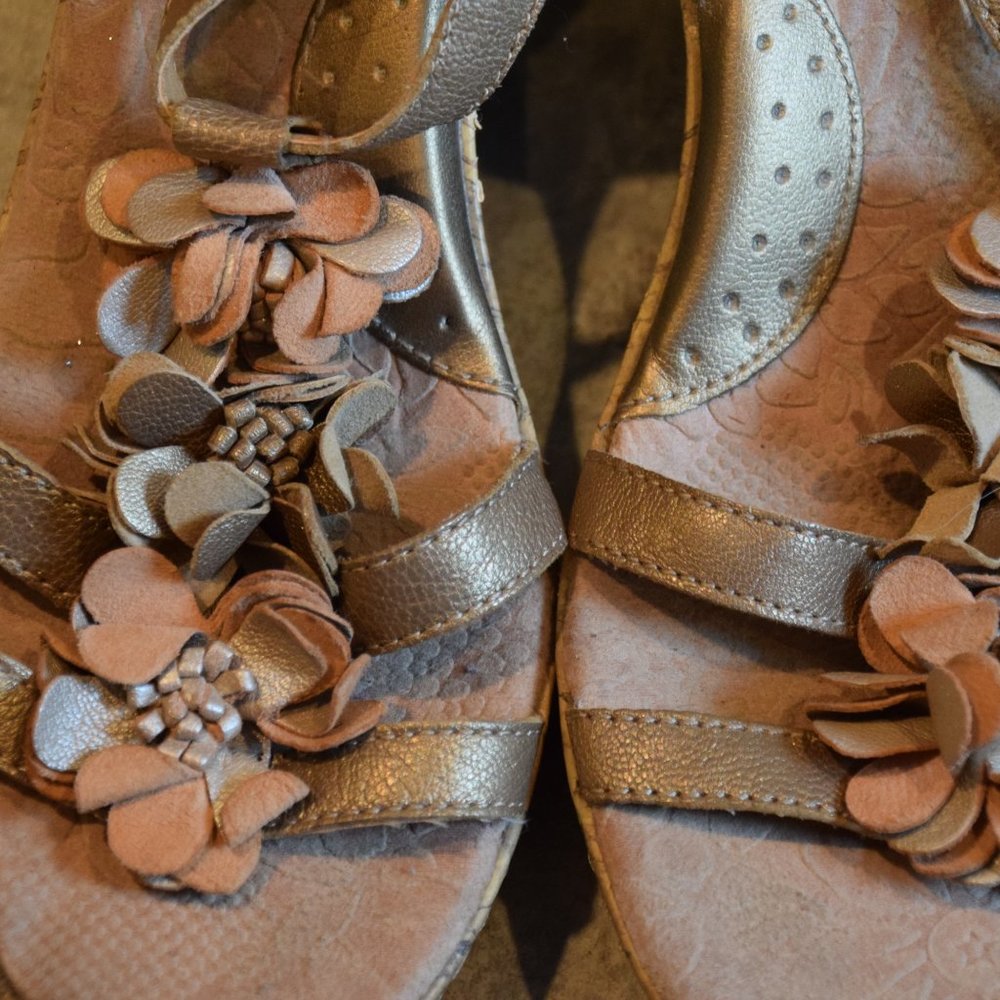Gold and Tan Floral Wedge Sandal